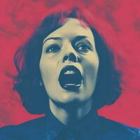 a woman with her mouth open in front of a red and blue background generative ai photo