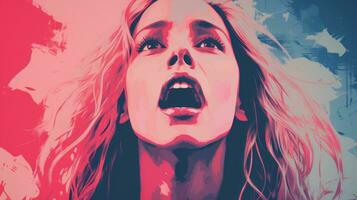 a woman with her mouth open in front of a red and blue background generative ai photo