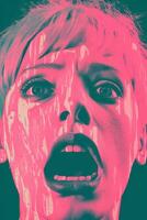 a woman with her mouth open in front of a pink background generative ai photo
