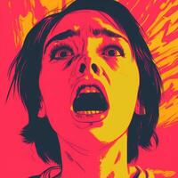 a woman with her mouth open in front of a red and pink background generative ai photo