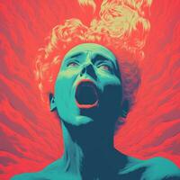 a woman with her mouth open in front of a red and blue background generative ai photo
