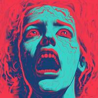 a woman with her mouth open in front of a red and blue background generative ai photo