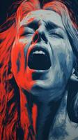 a woman with her mouth open in front of a red and blue background generative ai photo