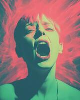 a woman with her mouth open in front of a red and green background generative ai photo