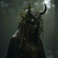 a woman with horns and a mask standing in the rain generative ai photo