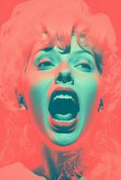 a woman with her mouth open in front of a red and pink background generative ai photo