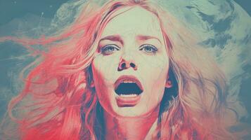 a woman with her mouth open in front of an image of the earth generative ai photo