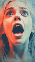 a woman with her mouth wide open in front of a blue and red background generative ai photo