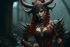 a woman with horns and red hair in a forest generative ai photo