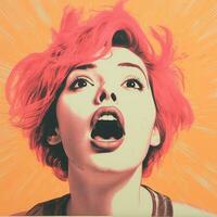 a woman with her mouth open in front of an orange background generative ai photo