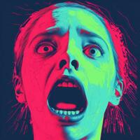 a woman with her mouth wide open in front of a blue and pink background generative ai photo