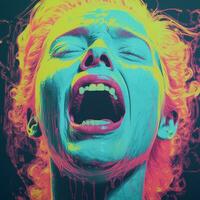 a woman with her mouth open in neon colors generative ai photo