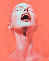 a woman with her mouth open in front of an orange background generative ai photo