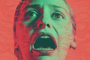 a woman with her mouth open in front of a red and green background generative ai photo