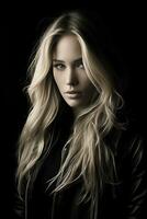 a woman with long blonde hair and a black jacket generative ai photo