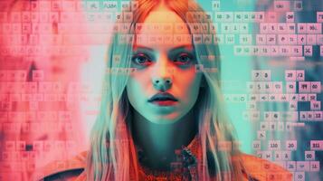 a woman with long blonde hair and a computer keyboard in front of her generative ai photo