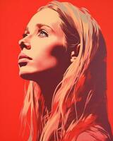 a woman with long blonde hair and a red background generative ai photo
