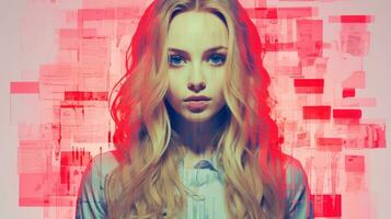 a woman with long blonde hair and a red background generative ai photo