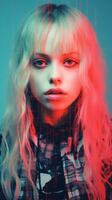 a woman with long blonde hair and a red and blue background generative ai photo