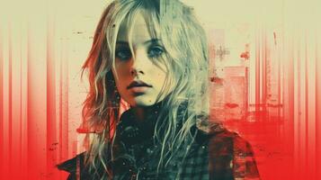 a woman with long blonde hair and a red background generative ai photo