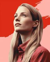 a woman with long blonde hair and a red background generative ai photo
