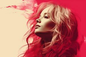 a woman with long blonde hair and a red background generative ai photo