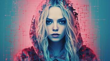 a woman with long blonde hair and a red hoodie generative ai photo