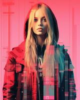 a woman with long blonde hair and a red jacket standing in front of a pink background generative ai photo