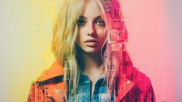 a woman with long blonde hair and an orange jacket generative ai photo