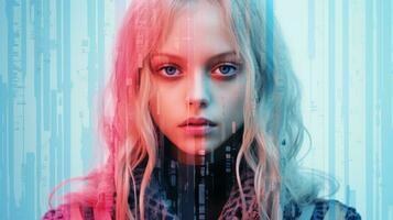 a woman with long blonde hair and blue eyes in front of a blue and pink background generative ai photo