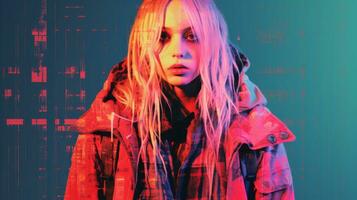 a woman with long blonde hair and a red jacket generative ai photo