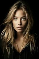 a woman with long blonde hair and blue eyes generative ai photo