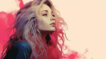 un mujer con largo rubia pelo y rosado pintar en su cara generativo ai foto