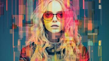 a woman with long blonde hair and glasses in front of a colorful background generative ai photo