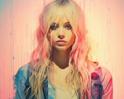 a woman with long blonde hair and pink paint splatters on her face generative ai photo
