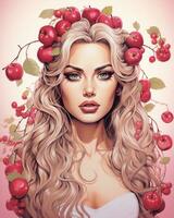 a woman with long blonde hair and red apples on her head generative ai photo