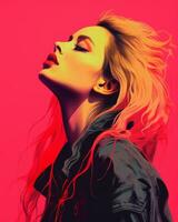a woman with long blonde hair in a black jacket generative ai photo