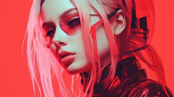 a woman with long blonde hair and sunglasses on a red background generative ai photo