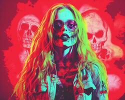 a woman with long blonde hair and sunglasses standing in front of skulls generative ai photo