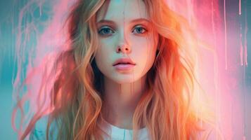 a woman with long blonde hair in front of a colorful background generative ai photo