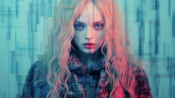 a woman with long blonde hair in front of a blue and red background generative ai photo