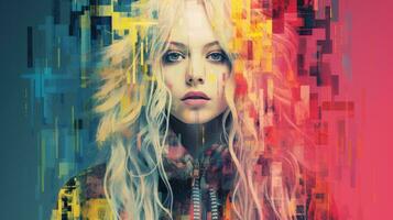 a woman with long blonde hair in front of a colorful background generative ai photo