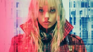 a woman with long blonde hair in front of a pink and blue background generative ai photo