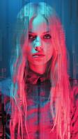 a woman with long blonde hair in front of a blue and pink background generative ai photo