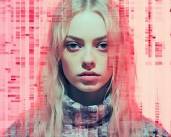 a woman with long blonde hair in front of a pink background generative ai photo