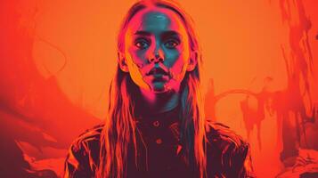 a woman with long blonde hair in front of an orange background generative ai photo