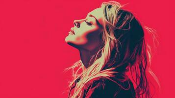 a woman with long blonde hair is looking up in front of a red background generative ai photo