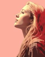 a woman with long blonde hair is looking up generative ai photo