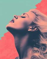 a woman with long blonde hair is looking up in the air generative ai photo
