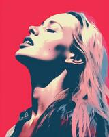 a woman with long blonde hair is looking up in the air generative ai photo